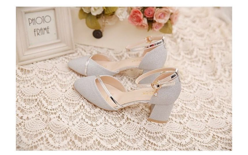 Glitter Strap Pointed Ankle Heel Pumps Toe Block D'Orsay