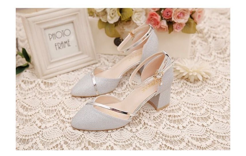 Glitter Strap Pointed Ankle Heel Pumps Toe Block D'Orsay
