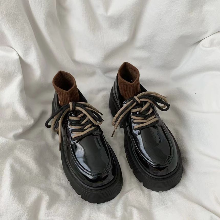 Faux Platform Leather Shoes Lace-Up