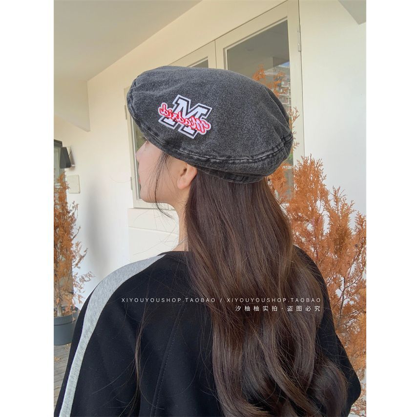 Lettering Embroidered Beret Denim Hat