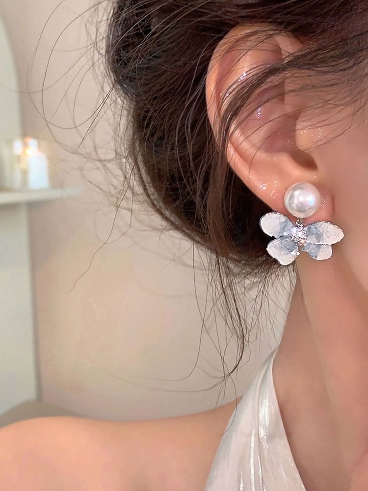 Floral Pearl Faux Clip-On / Drop Earring