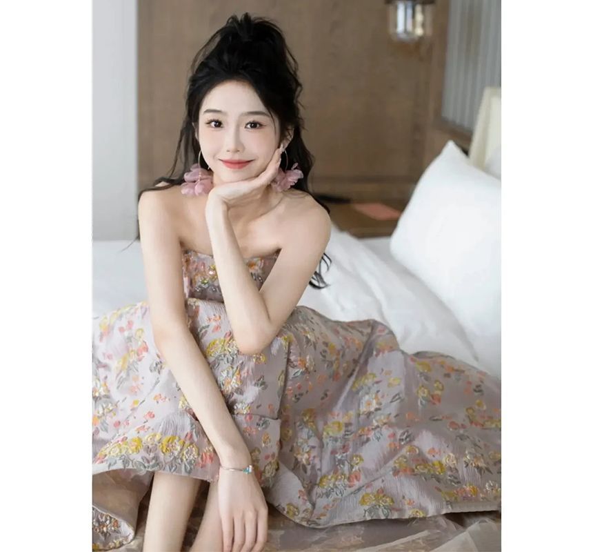 Floral Jacquard A-Line Tube Cocktail Dress