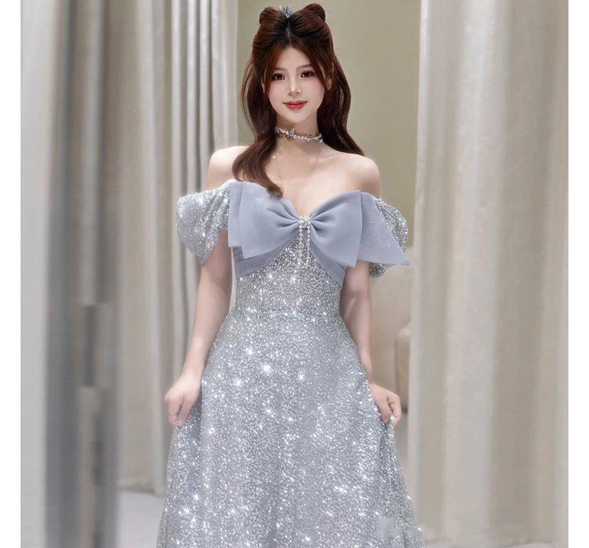 Bow A-Line Off Glitter Short-Sleeve Gown Shoulder Evening