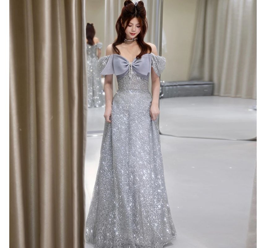 Short-Sleeve Off Shoulder Bow Glitter A-Line Evening Gown