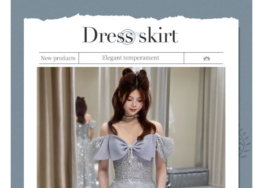 Bow A-Line Off Glitter Short-Sleeve Gown Shoulder Evening