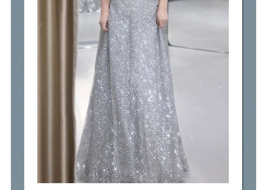 Bow A-Line Off Glitter Short-Sleeve Gown Shoulder Evening