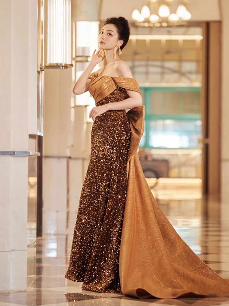 Evening Shoulder Sequin Sleeveless A-Line Off Bow Gown Panel