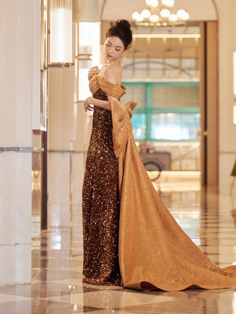 Evening Shoulder Sequin Sleeveless A-Line Off Bow Gown Panel