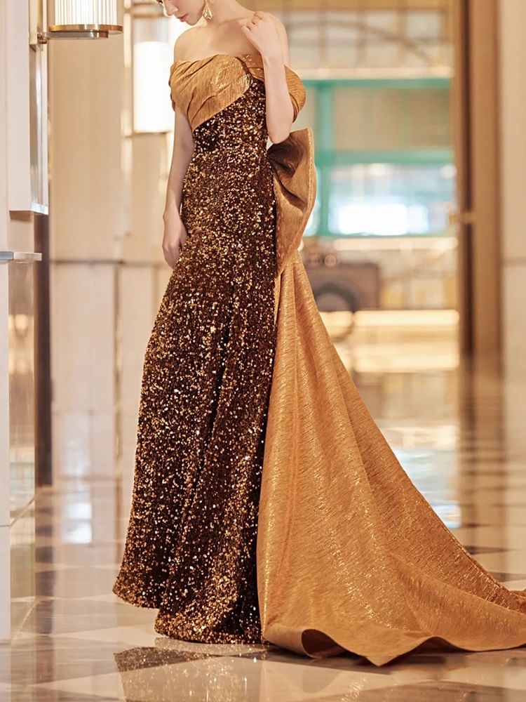 Sleeveless Off Shoulder Sequin Bow Panel A-Line Evening Gown