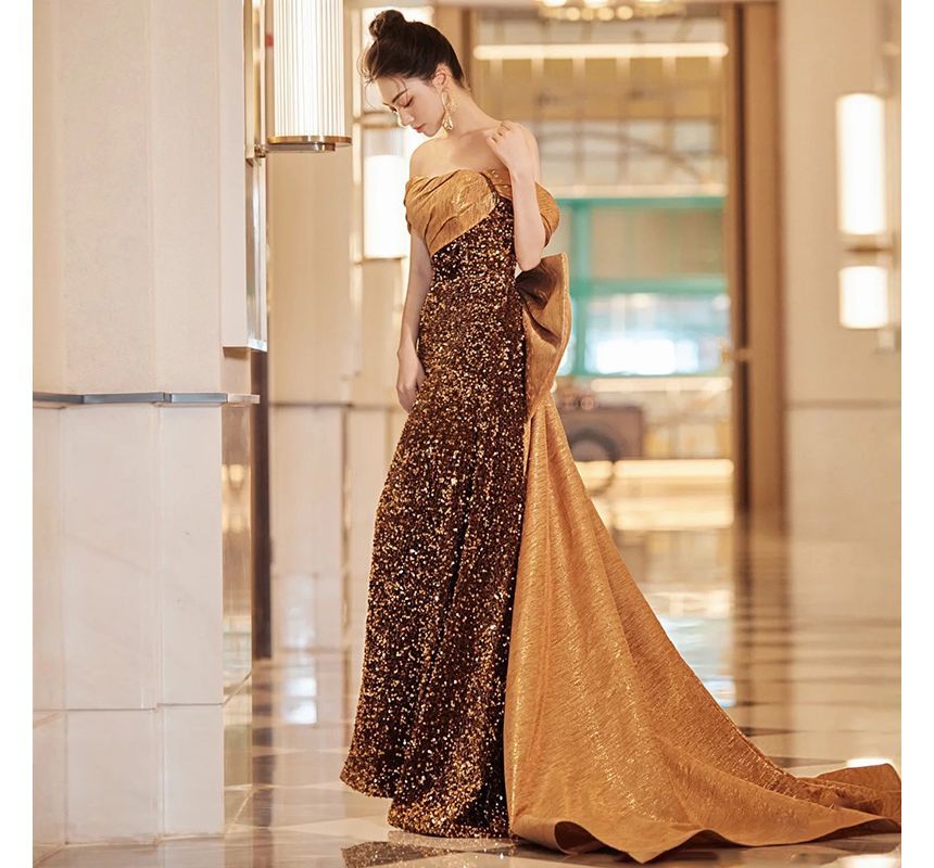 Evening Shoulder Sequin Sleeveless A-Line Off Bow Gown Panel