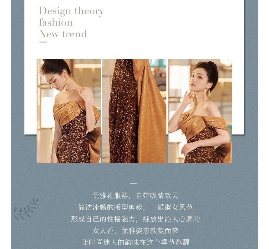 Evening Shoulder Sequin Sleeveless A-Line Off Bow Gown Panel