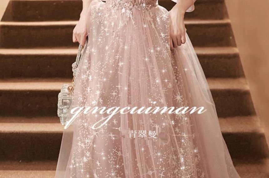 Mesh Sweetheart Sequin Panel Neckline A-Line Embroidered Gown 3/4-Sleeve Evening