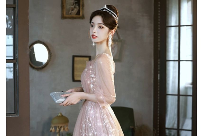 3/4-Sleeve Sweetheart Neckline Embroidered Sequin Mesh Panel A-Line Evening Gown