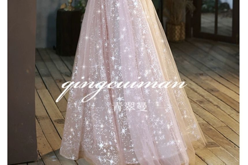 Mesh Sweetheart Sequin Panel Neckline A-Line Embroidered Gown 3/4-Sleeve Evening