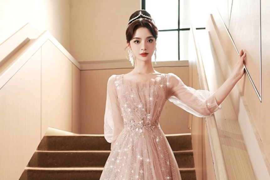 3/4-Sleeve Sweetheart Neckline Embroidered Sequin Mesh Panel A-Line Evening Gown