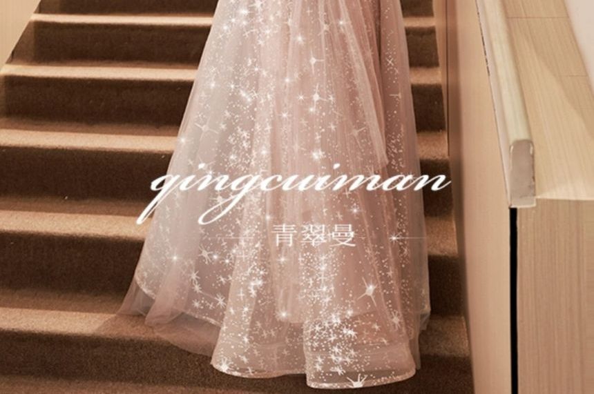 3/4-Sleeve Sweetheart Neckline Embroidered Sequin Mesh Panel A-Line Evening Gown