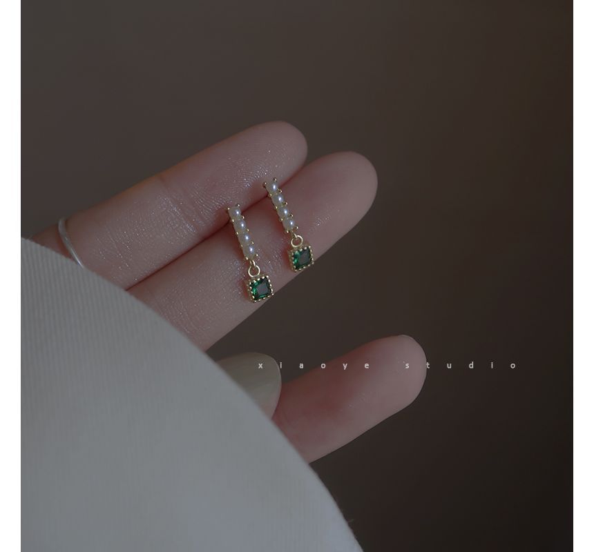 Square Pearl Earring Faux Drop Rhinestone Alloy