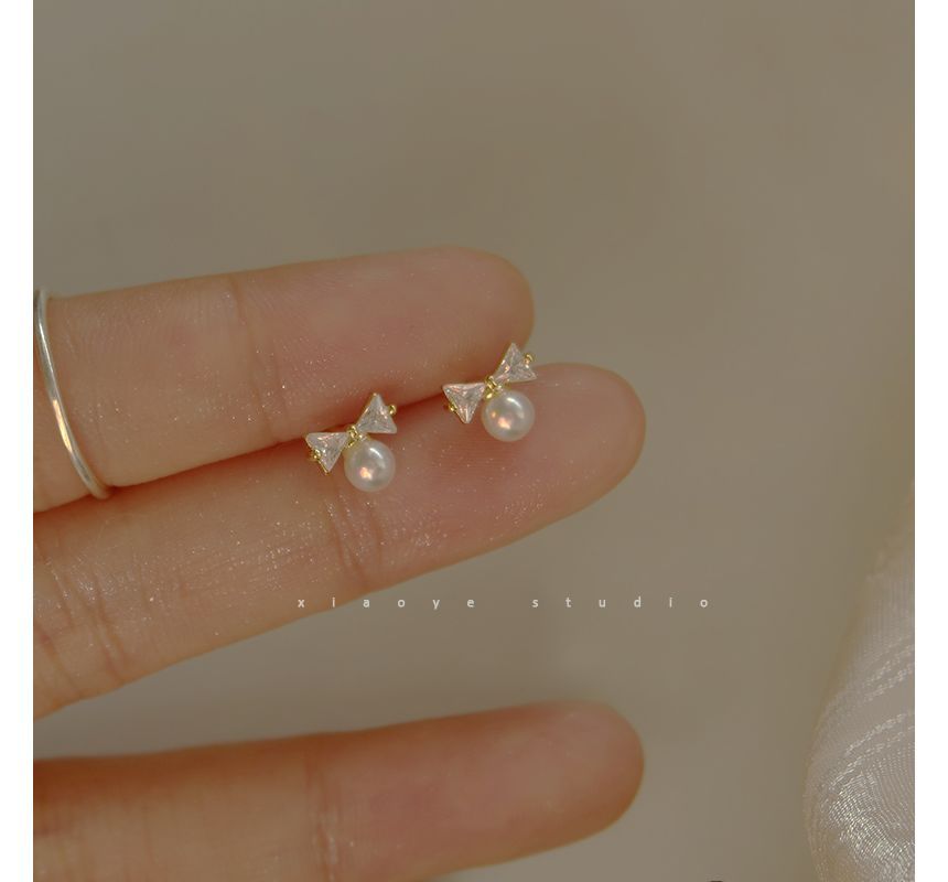 Earring Faux Pearl Bow Stud Rhinestone Silver Sterling