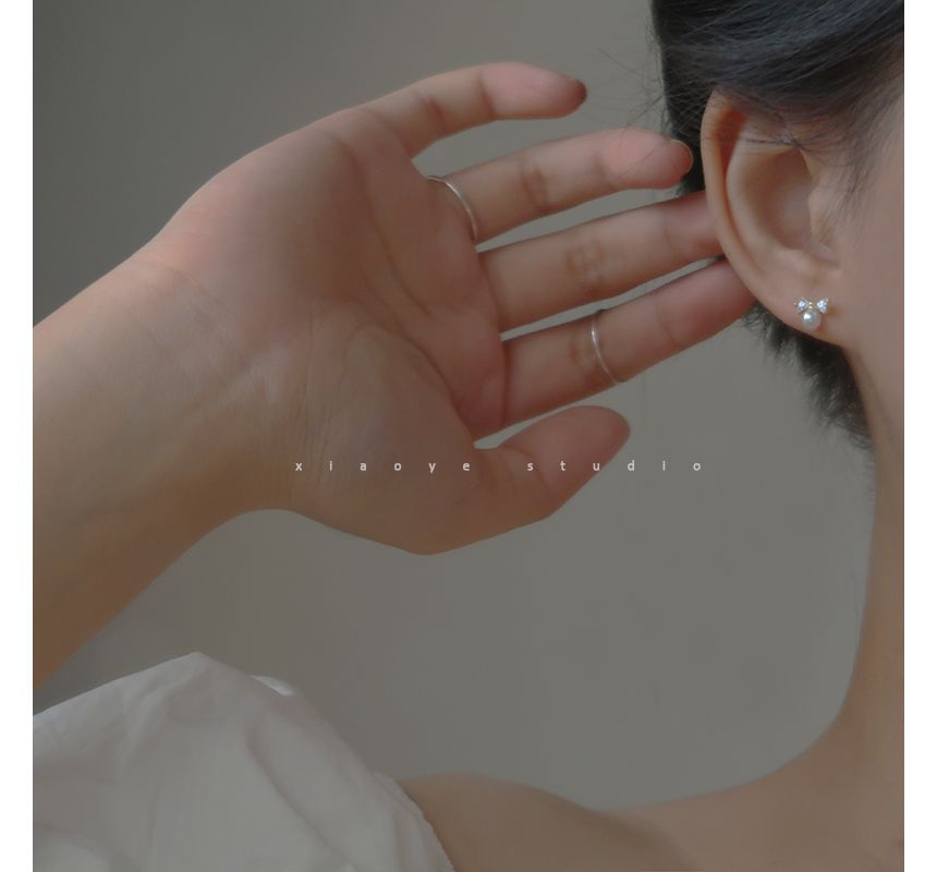 Earring Faux Pearl Bow Stud Rhinestone Silver Sterling