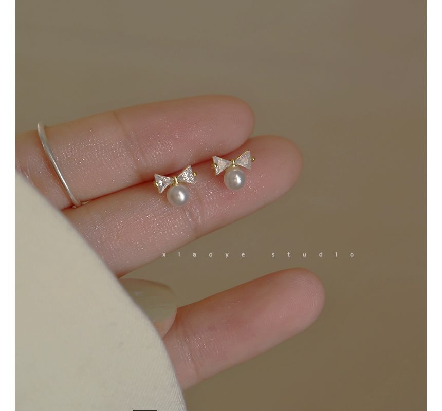 Earring Faux Pearl Bow Stud Rhinestone Silver Sterling