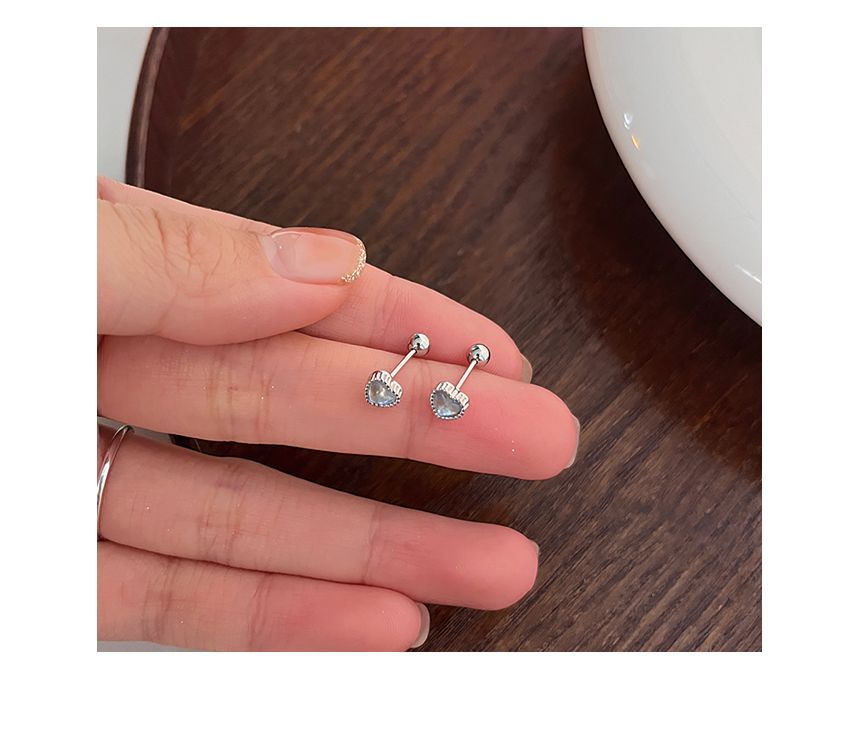 Silver Earring Heart Moonstone Sterling Barbell