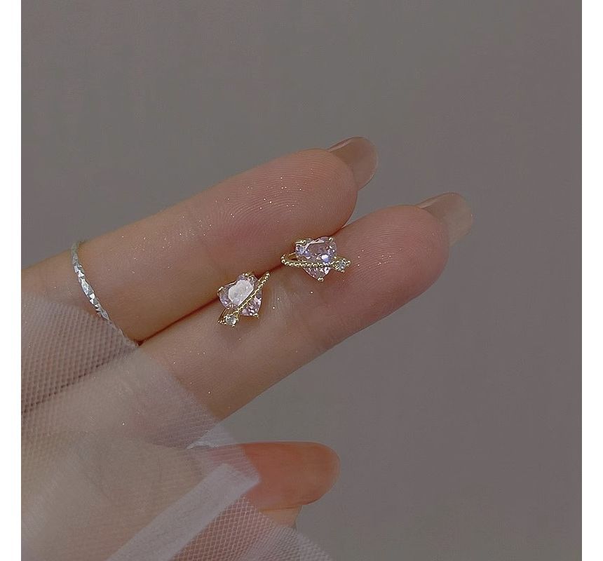 Silver Planet Heart Stud Sterling Earring Rhinestone