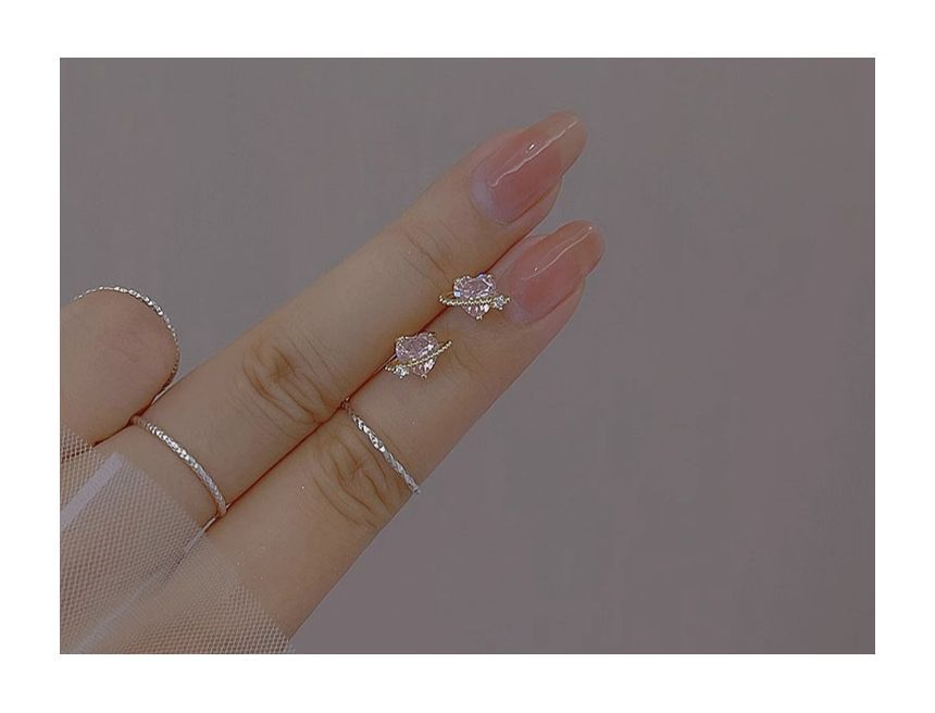 Silver Planet Heart Stud Sterling Earring Rhinestone