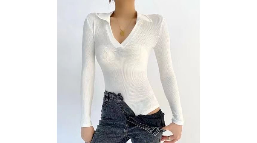 Top Ribbed Long-Sleeve Bodysuit Polo-Neck Plain