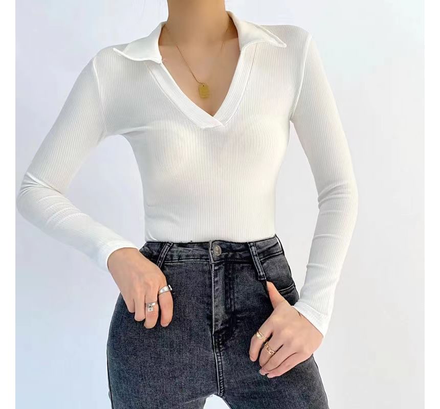 Top Ribbed Long-Sleeve Bodysuit Polo-Neck Plain