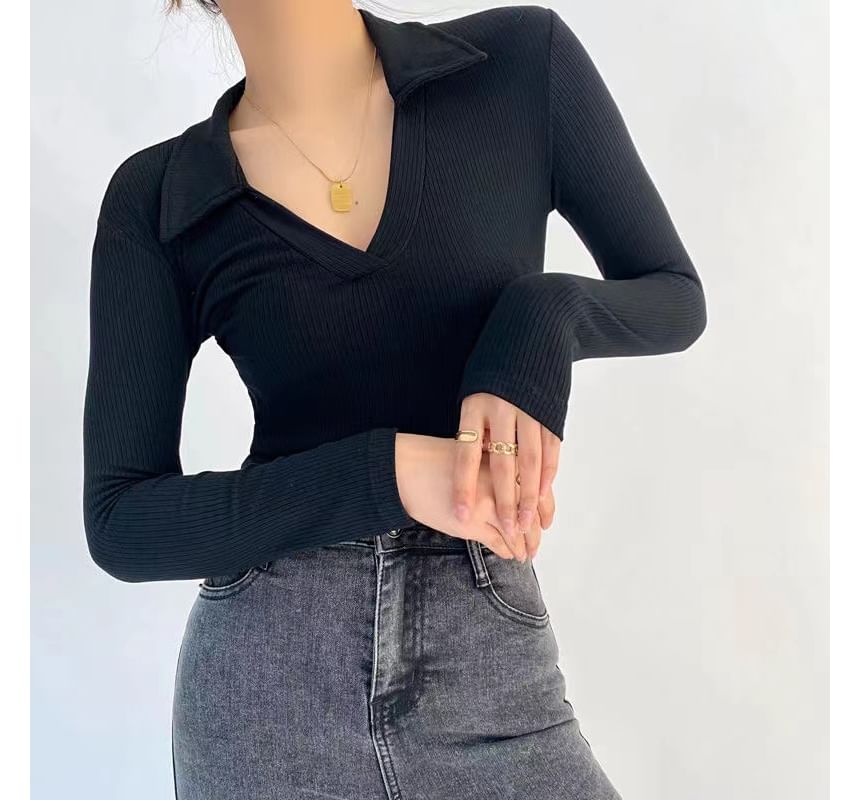 Top Ribbed Long-Sleeve Bodysuit Polo-Neck Plain