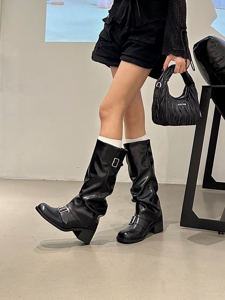 Chunky Heel Boots Tall Buckled