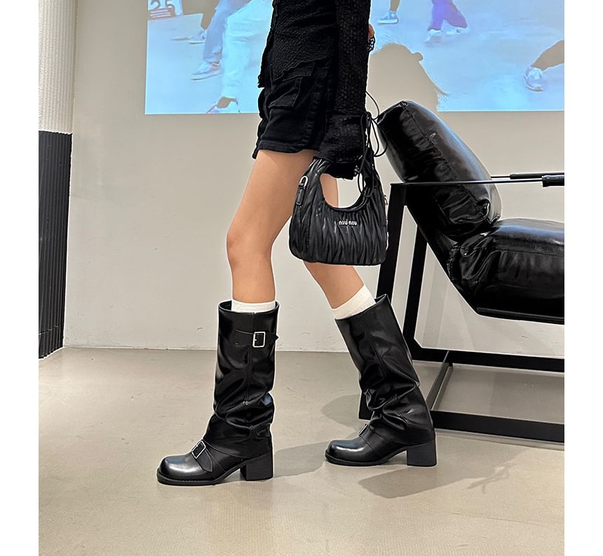 Chunky Heel Boots Tall Buckled