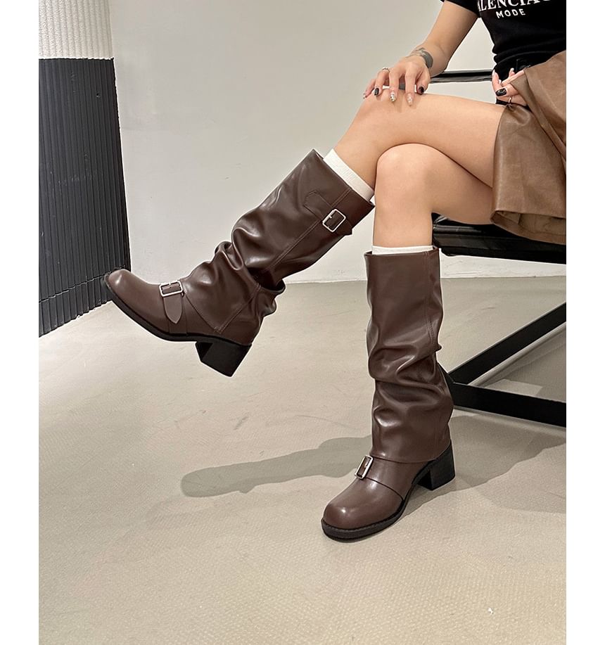 Chunky Heel Boots Tall Buckled