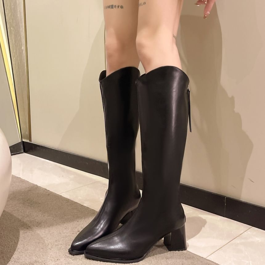 Boots Pointy Heel Faux Tall Leather Chunky