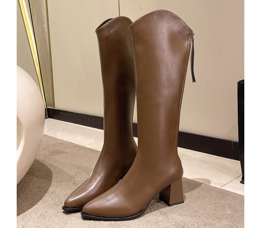Boots Pointy Heel Faux Tall Leather Chunky