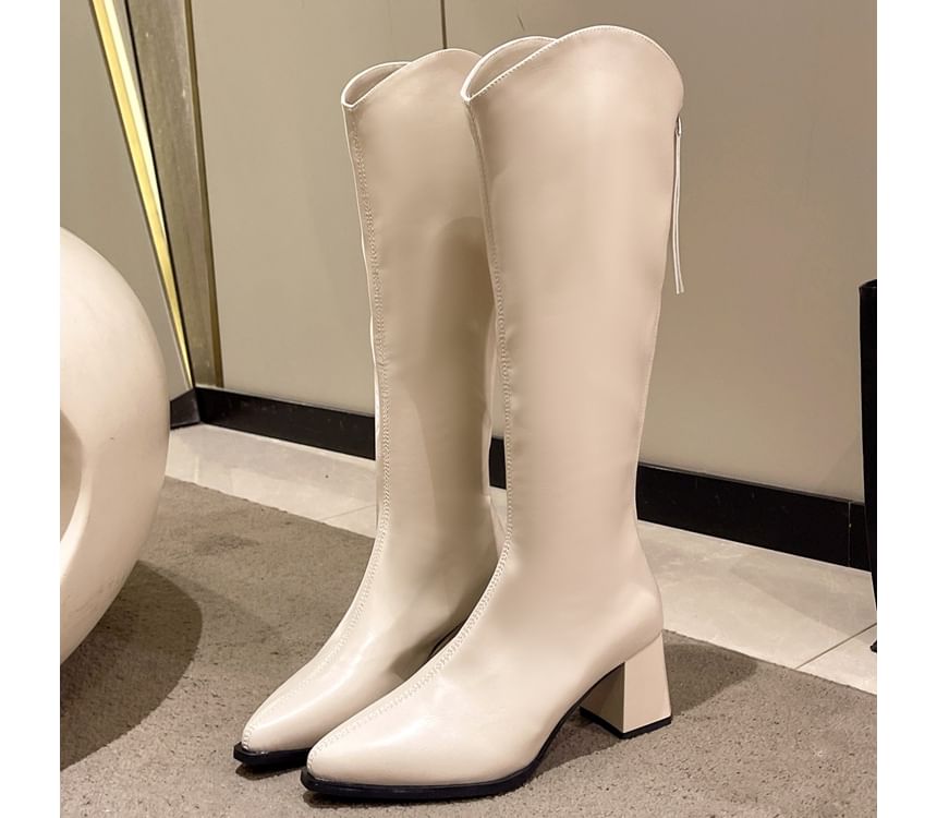 Boots Pointy Heel Faux Tall Leather Chunky