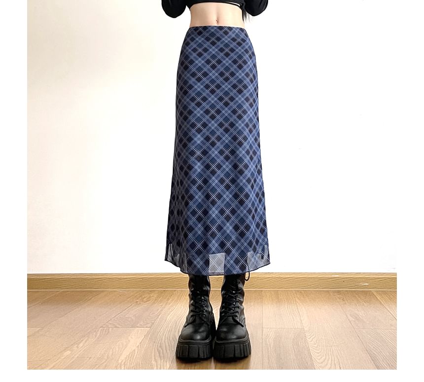 Mid Midi Waist Skirt Plaid A-Line