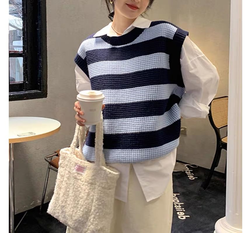Knit Round Neck Sleeveless Striped Vest