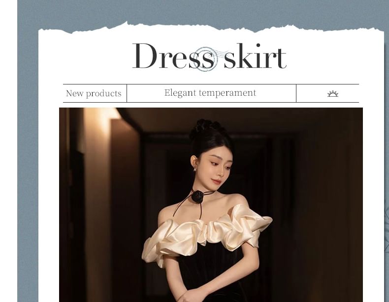 Set: Off-Shoulder Two Tone Ruffle Velvet Mermaid Evening Gown + Floral Choker