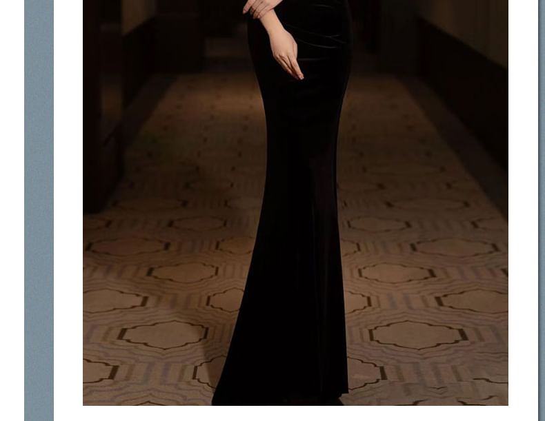 Ruffle Floral Two Set: Gown Velvet Off-Shoulder Evening Mermaid Choker Tone +