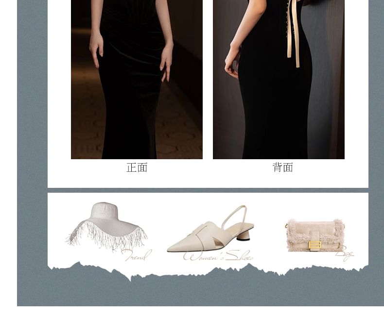 Set: Off-Shoulder Two Tone Ruffle Velvet Mermaid Evening Gown + Floral Choker