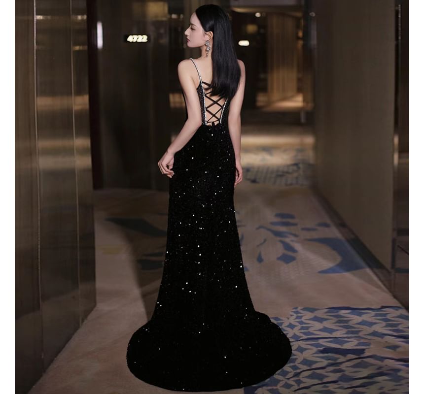 Sequin Neckline Trained Two Tone Strap Rhinestone Back Spaghetti Gown Accent Sweetheart Open Mermaid Evening