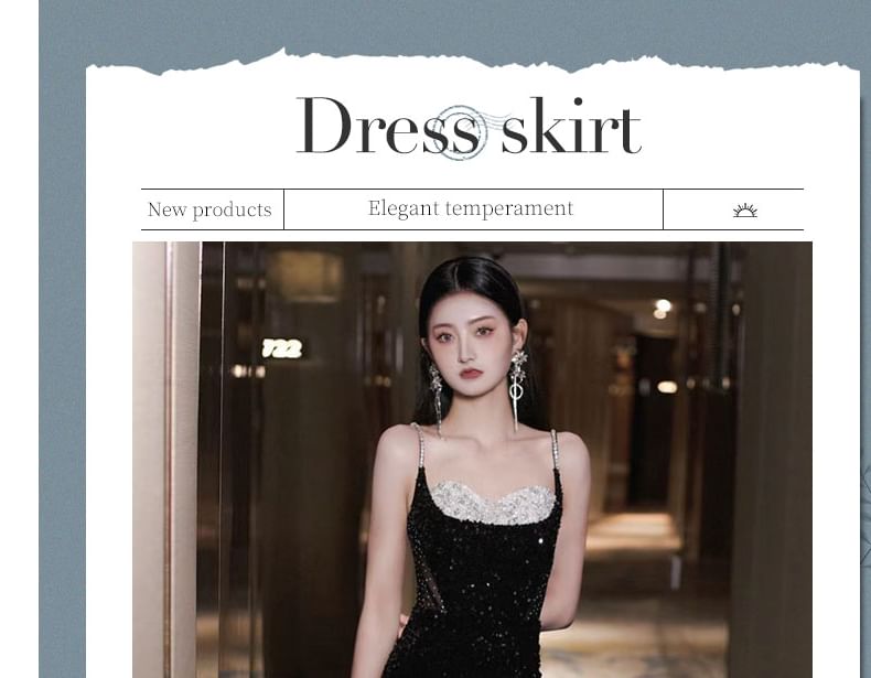 Robe de soirée sirène à bretelles spaghetti, décolleté en cœur, deux tons, avec strass et sequins, dos ouvert