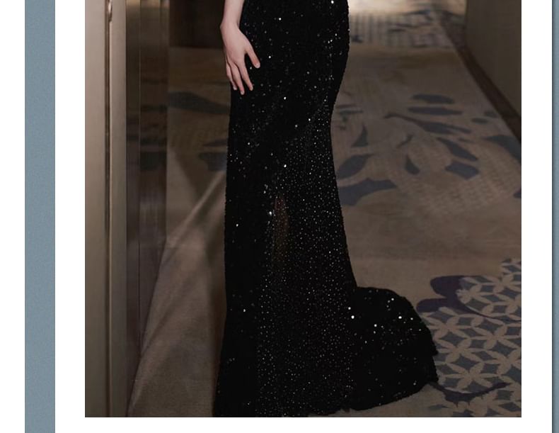 Sequin Neckline Trained Two Tone Strap Rhinestone Back Spaghetti Gown Accent Sweetheart Open Mermaid Evening