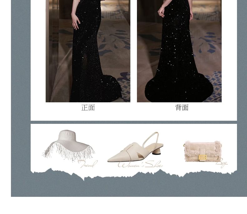 Robe de soirée sirène à bretelles spaghetti, décolleté en cœur, deux tons, avec strass et sequins, dos ouvert