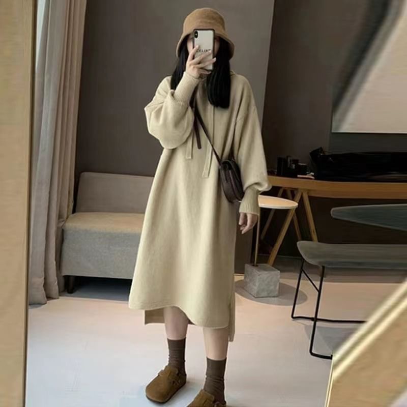 Plain Hoodie Long-Sleeve Dress Knit Midi
