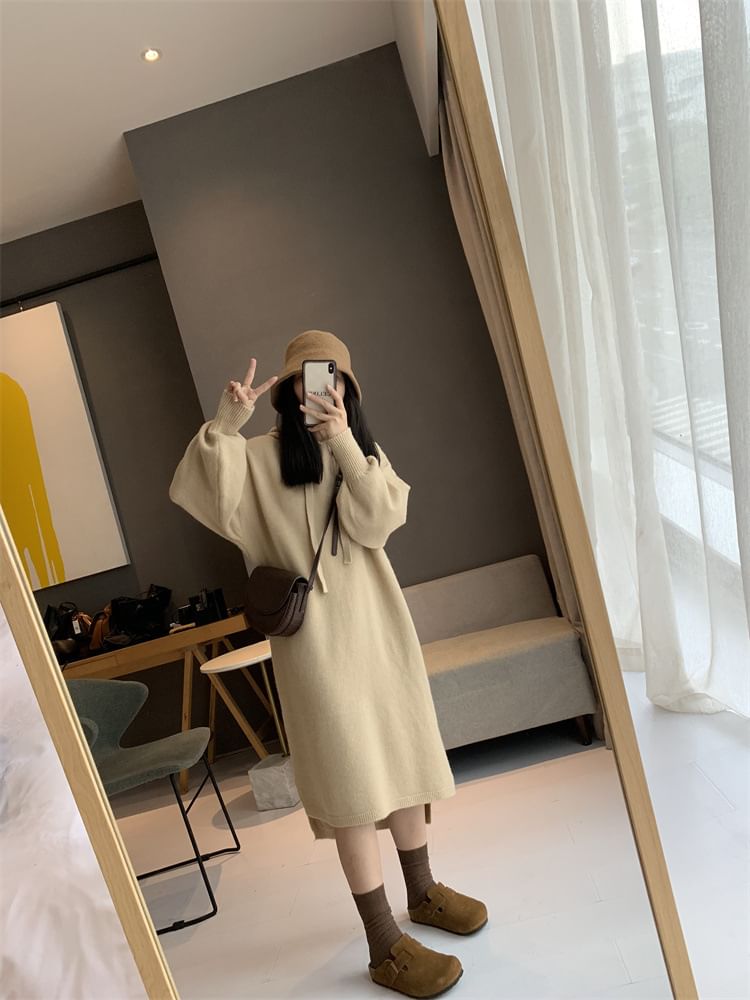 Plain Hoodie Long-Sleeve Dress Knit Midi