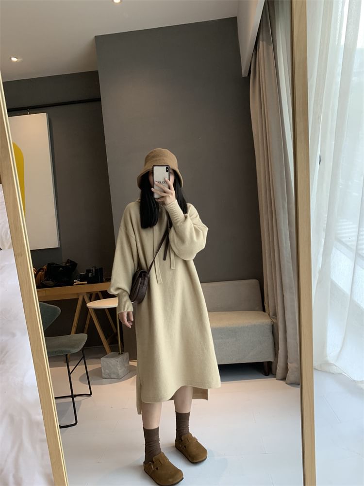 Plain Hoodie Long-Sleeve Dress Knit Midi