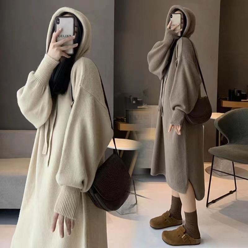 Plain Hoodie Long-Sleeve Dress Knit Midi