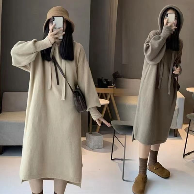 Plain Hoodie Long-Sleeve Dress Knit Midi